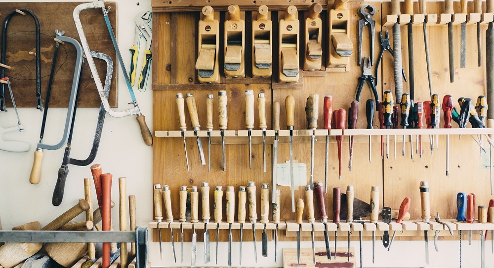 Man Cave Shower Curtain, Tool Shed Workshop, Tools Hanging